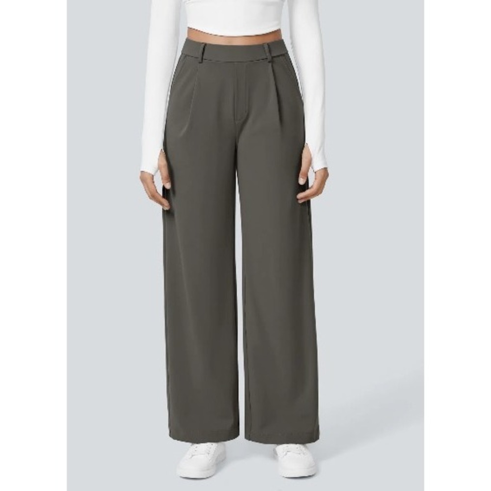 Halara Women Gray High Waisted Wide Leg Pleated Trousers Dress Pants Size M